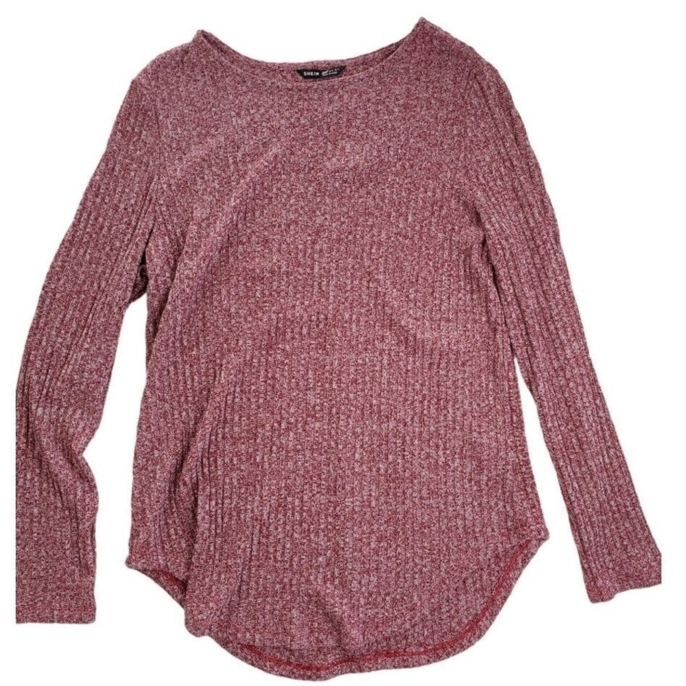 SHEIN Women XL‎ Burgundy Ribbed Knit Long Sleeve Button Back Top Heathered Marl